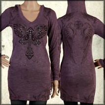 Cross Angel Wing Rhinestone Women Long Sleeve Corset Tie Hoodie Top Dress Purple - £25.57 GBP