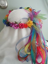 Flower Crown - Colorful Rainbow Faux Flowers &amp; Ribbons - Renaissance -party wear - £36.51 GBP