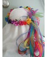 Flower Crown - Colorful Rainbow Faux Flowers &amp; Ribbons - Renaissance -pa... - $46.44