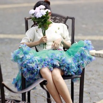 Women Navy Blue Ruffle Layered Tulle Skirt A-line Plus Size Tulle Holiday Skirt image 4