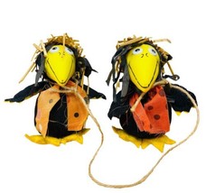 Stuffed  Black Crows with Straw Hats Whimsical Fall Decoration  set of 2 - £5.82 GBP