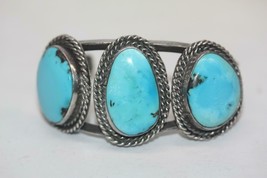 Navajo 925 Sterling Silver Three Stone Turquoise Bracelet Cuff Bangle 53.8 grams - £176.05 GBP