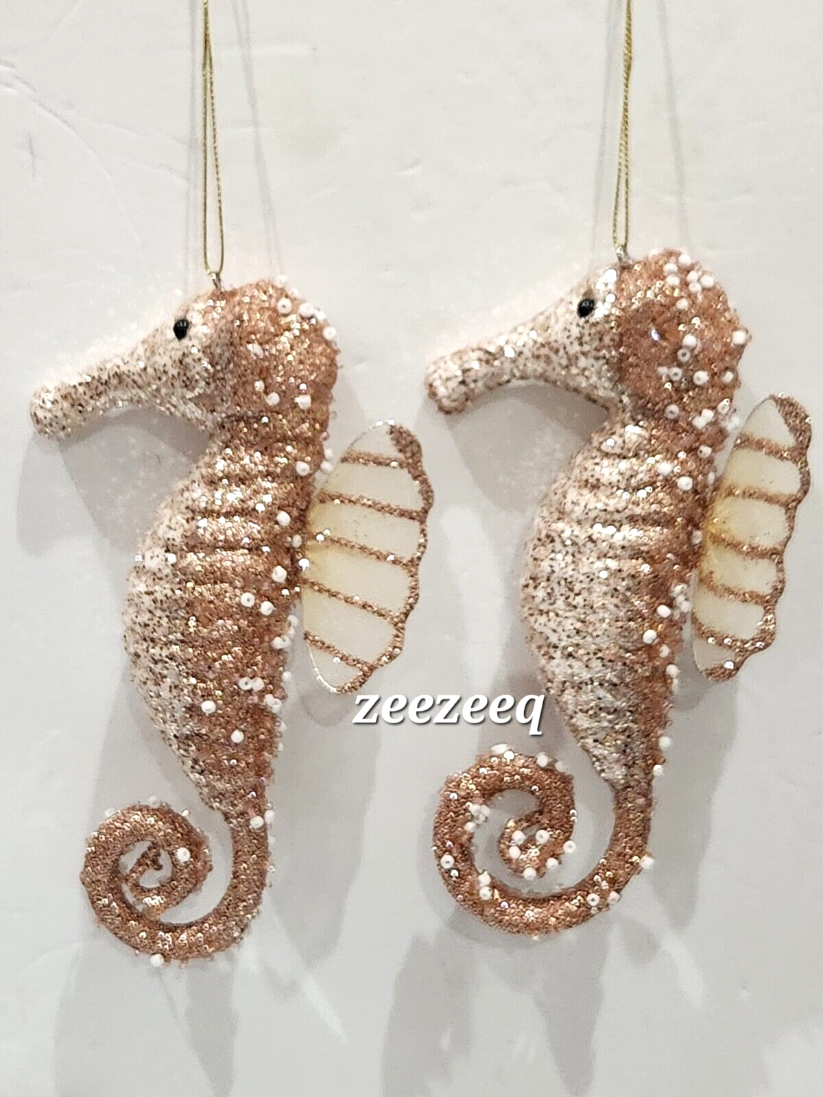 x2 Christmas Coastal Beach Blush Glitter Seahorse Ornaments Tree Decor 6.5