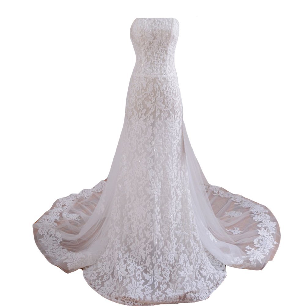 Kivary Lace Sheer Tulle Strapless Long See Through Women Formal Evening Party Dr