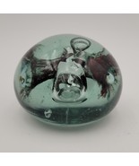 Vintage Round Glass Dump Paperweight Flowers Controlled Bubbles Signed - $27.06 CAD