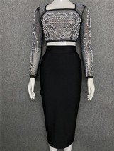 Black Khaki Color Ladies HL age Dress  Beading Tops Pencil Skirt Women&#39;s Set Nig - £176.69 GBP