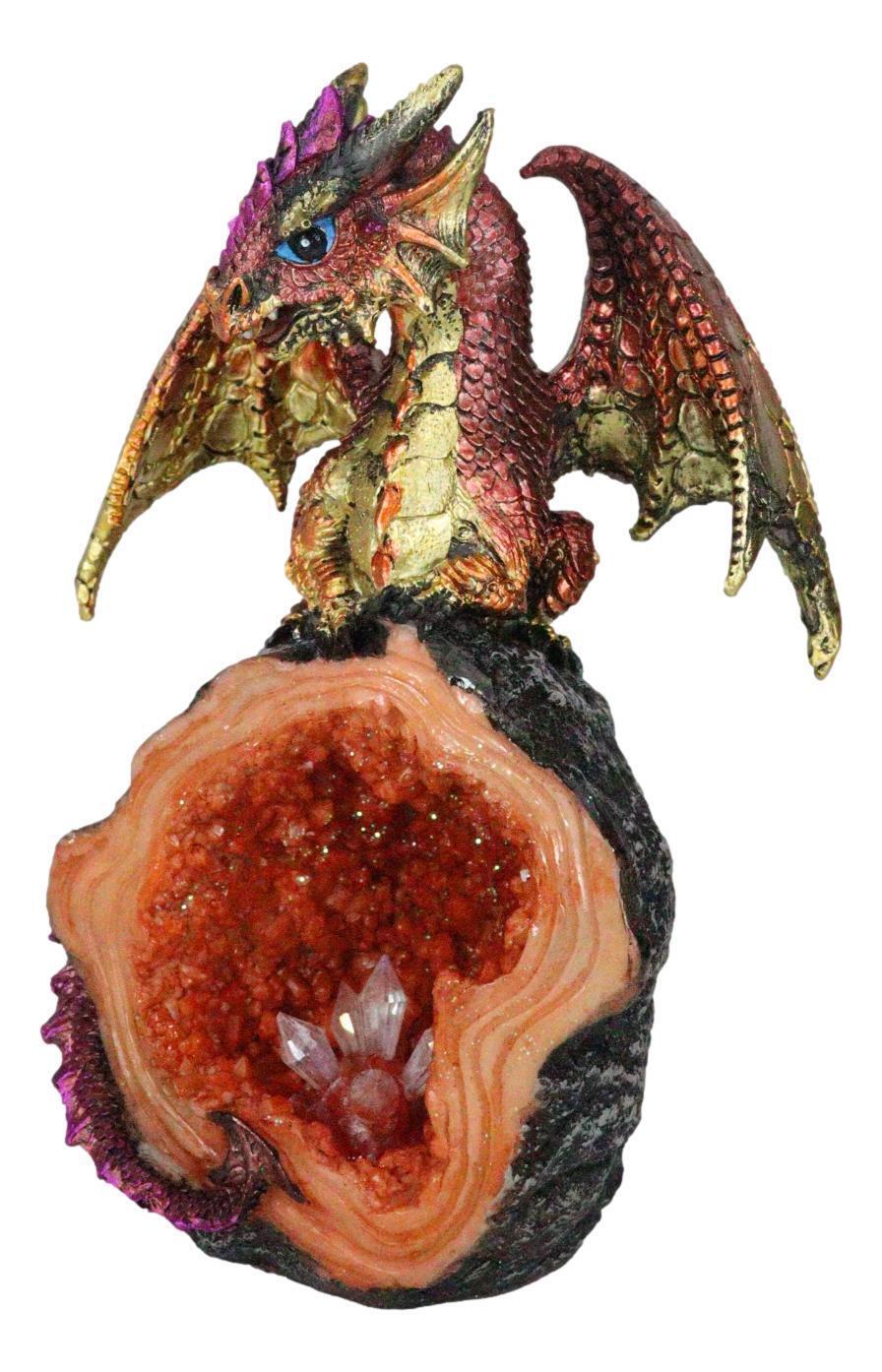 Metallic Red Iridescent Dragon On Faux Geode Rock Quartz Crystal Cove Figurine Item image 3