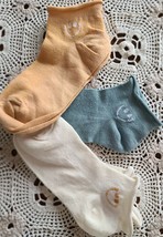 Three (3) Pair ~ Handcrafted ~ Melon ~ Teal ~ Cream ~ Smile Face Roll Top Socks - £11.95 GBP
