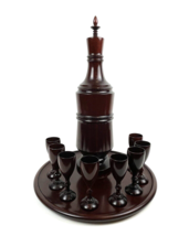 Vintage Decanter Set MCM Wood Mid Century Cordial Footed Cups Glass Tray  - £59.18 GBP