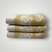 Vintage Fieldcrest Gold Floral Towel Sculpted Set of 3 Yellow White Bath Towels - £35.35 GBP