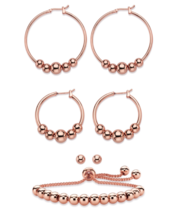4 PIECE SET OF BEADED HOOP EARRINGS BALL STUDS AND BRACELET ROSE GOLD TONE - £79.63 GBP