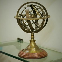 Antique Brass Armillary Sphere Globe Astrolabe Zodiac Sign With Wooden B... - $61.94