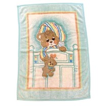 Vintage Baby Blanket Sleepy Bedtime Teddy Bear Super Baby Teal Peach Cute 39x55 - £59.27 GBP