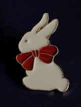 White Bunny Rabbit with Red Bow Brooch Lapel Hat Pin Enamel on Gold Tone Metal - $6.79