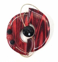 Handcrafted Statement Brooch Pendant Combo Red Black Gold Tone Abstract - £11.21 GBP