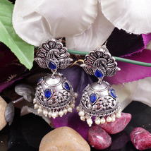 Earrings From Eivri Oxidised Brass Metal Jhumki for Her/Gift(102-516-Blue) - £19.54 GBP