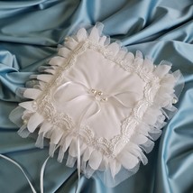 White ring bearer pillow Classic ring pillow with white pearls lace - £28.06 GBP