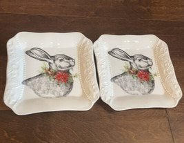 Furry Christmas Bunny Rabbit with Red Berries &amp; Holly Set Of 2 Salad Plates - $24.92
