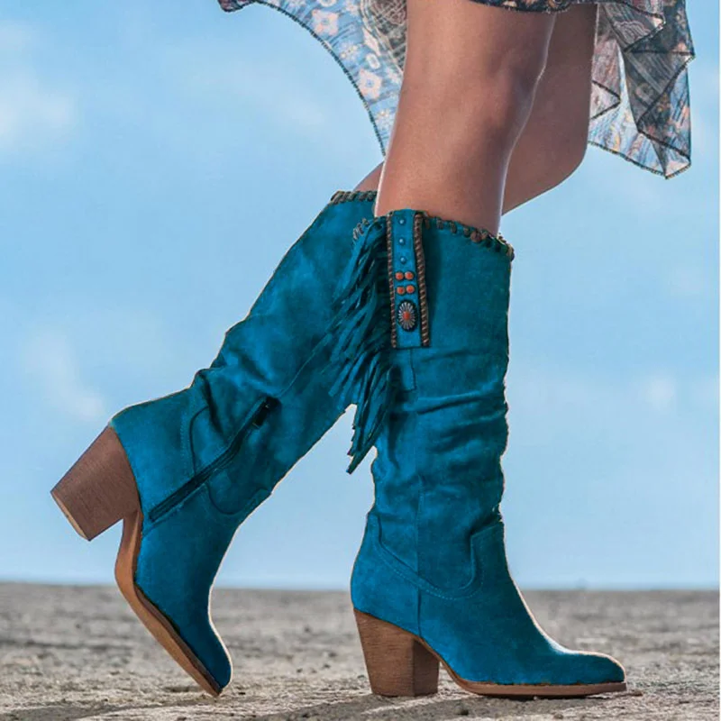 New Wee Heel Knee High Boots For Women Tels Side Zip Western Ridding Blue boy Bo - $136.44