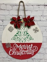 Merry Christmas sign tree Poinsettia Wall Door Porch wood hanging round 14” New - £14.55 GBP