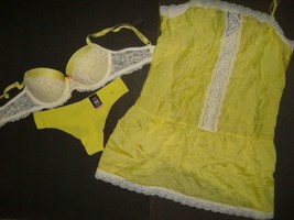 Victoria&#39;s Secret 32D BRA SET+thong+XS SLIP/dress YELLOW white lace crys... - £77.84 GBP