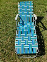 VTG Sunbeam Webbed Aluminum Folding Chaise Lounge Lawn Chair Blue White Green - £66.45 GBP