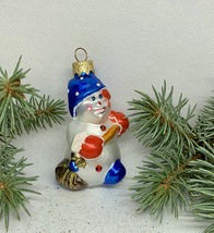 Snowman with a broom glass Christmas handmade ornament, Christmas decoration - £11.20 GBP