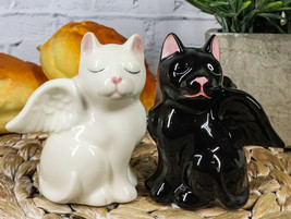 Ceramic Black White Angel Kitty Cats Devil Or Angel Salt And Pepper Shakers Set - £13.42 GBP