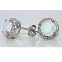 Round Opal 6mm &amp; Cubic Zirconia Halo Stud Earrings 14K White Gold Plated... - £18.47 GBP