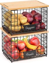 Durable Stackable Wire Baskets with Bamboo Lid - 2 Pack for Pantry &amp; Kit... - $82.12
