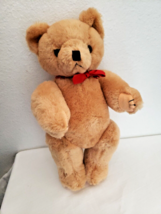 Lillian Vernon Jointed Teddy Bear Wool Plush Stuffed Animal Tan Red Bow - $25.72