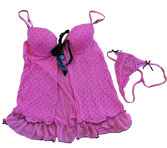 Vtg Y2K Rampage Baby Doll Camisole &amp; Thong Panties Sz M Pink Black Polka... - £22.59 GBP