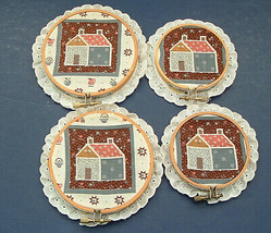Vintage small wooden embroidery 4 hoop set with fabric wall art country ... - $29.80 CAD
