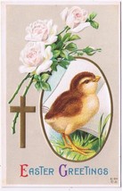 Easter Postcard Embossed Chick White Roses Cross  - £1.69 GBP