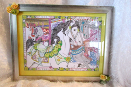 CAROUSEL HORSE WALL HANGING PICTURE hand colored, silver frame w/flowers... - $2.10