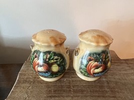 Vintage Enesco Fall Harvest Salt &amp; Pepper Shakers Japan Apples Pumpkin F... - $15.79