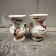 Pair Morton Pottery End Of Day Swirl Mini Sample Urn Vases Marbled VTG Red Green - $34.60