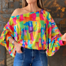 Lantern Sleeve Colorblock Slash Neck Casual Blouse - £27.13 GBP