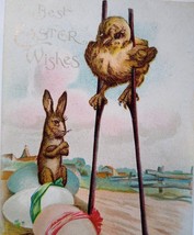 Easter Postcard Fantasy Baby Chick On Stilts Upset Rabbit Eggs 1907 Undi... - $19.00