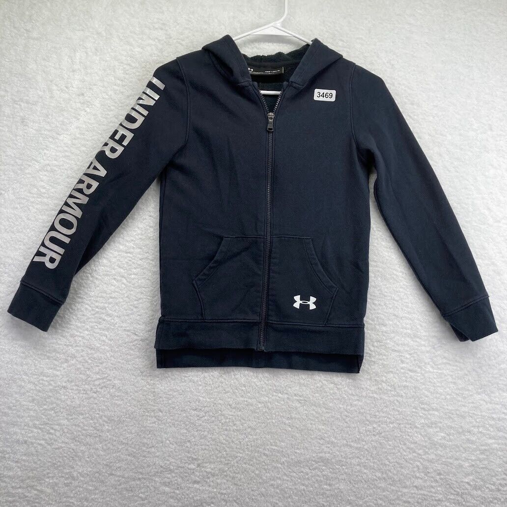 Primary image for Under Armour Youth Full Zip Hoodie Jacket Size Medium Black Reflective Spellout