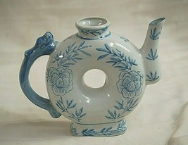 Vintage Blue &amp; White Asian Teapot Donut Shape Dragon Handle Floral Designs b - £15.81 GBP