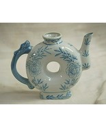 Vintage Blue &amp; White Asian Teapot Donut Shape Dragon Handle Floral Desig... - $19.79