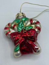 Vintage Candy Cane Red Ribbon Glass Christmas Tree Ornament 2.5&quot; Glitter - £9.38 GBP