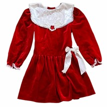 Vintage 80s Girls Red Velvet Collared Holiday Christmas Dress Sz 6X - £26.85 GBP