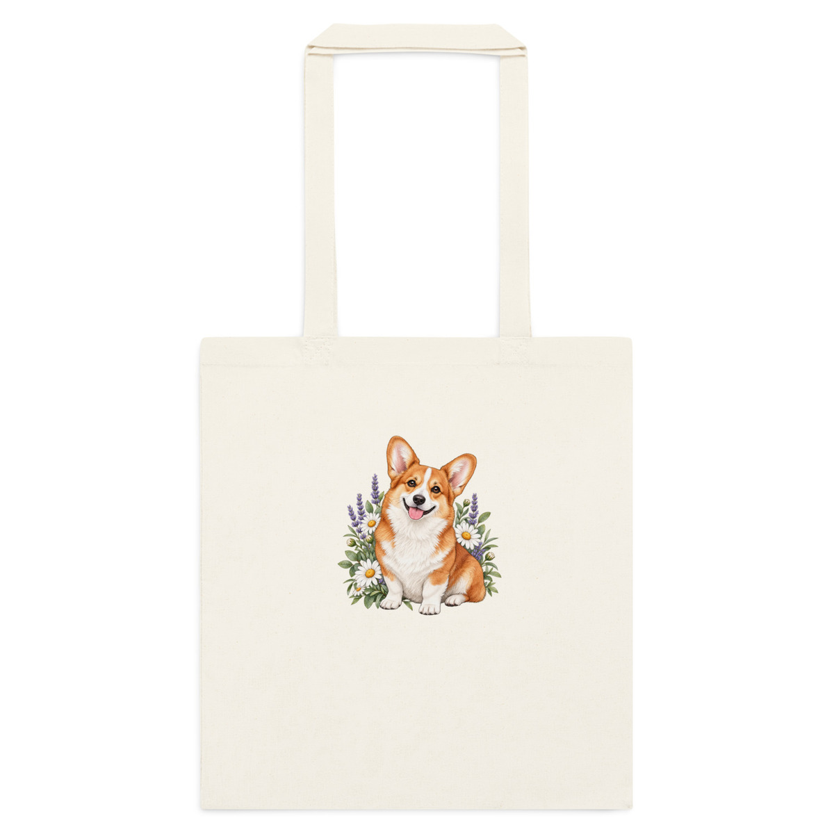 Corgi Wildflower Cotton Tote Bag - Dog Lover Gift - Natural