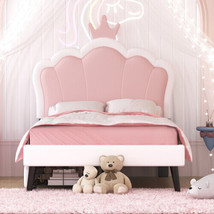 Twin Size Upholstered Princess Bed with Crown Headboard and Drawers, Pink+White - $263.98