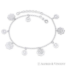 12mm &amp; 8mm Flower w/ 2mm Rolo Link Chain Italy .925 Sterling Silver Charm Anklet - £44.43 GBP