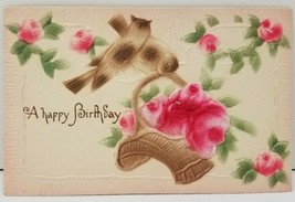 Birthday Greetings Birds Basket of Roses Airbrushed 1911 Ephrata Pa Postcard AA1 - £5.57 GBP