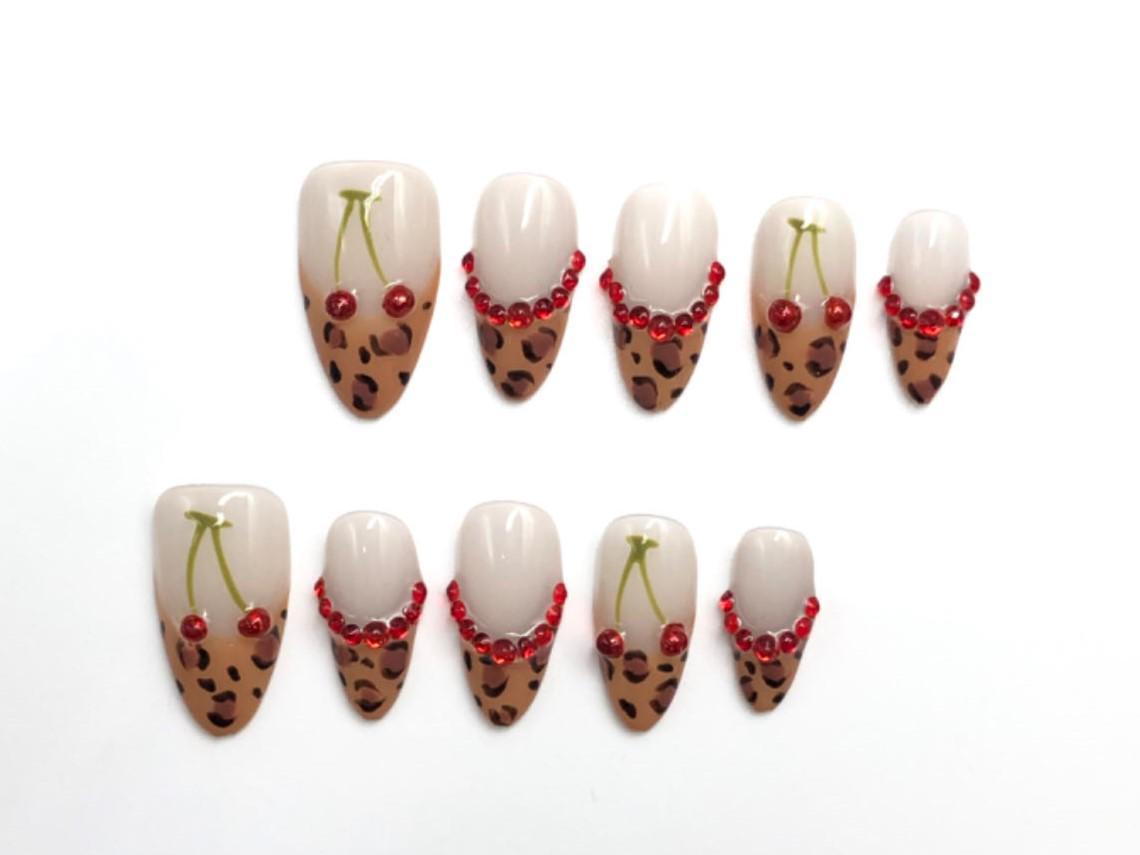 Cherry Leopard Print Press-On Nails with Red Rhinestones Bold Glam Nail ... - $24.99