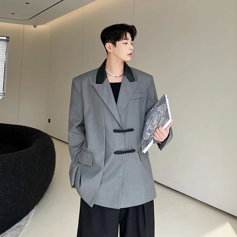 SuperAen  Autumn  Korean Style Buckle Leather Collar Grey Suit Coat Pockets Autu - £164.81 GBP